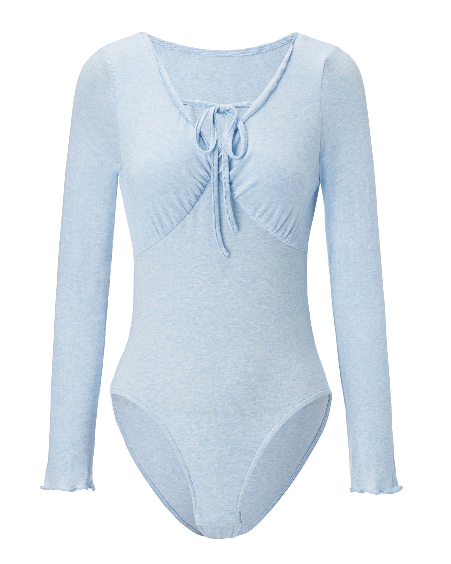 Light blue bodysuit with long sleeves on a white background