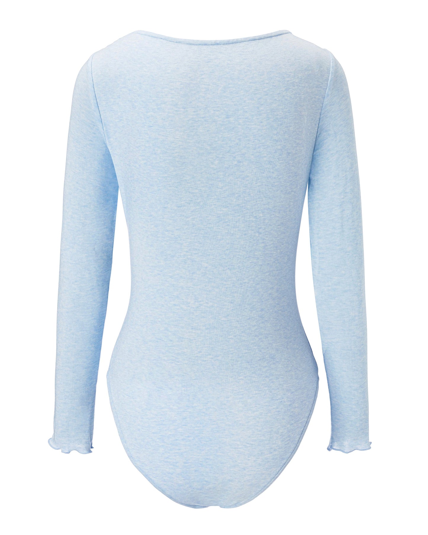 Light blue bodysuit with long sleeves on a white background