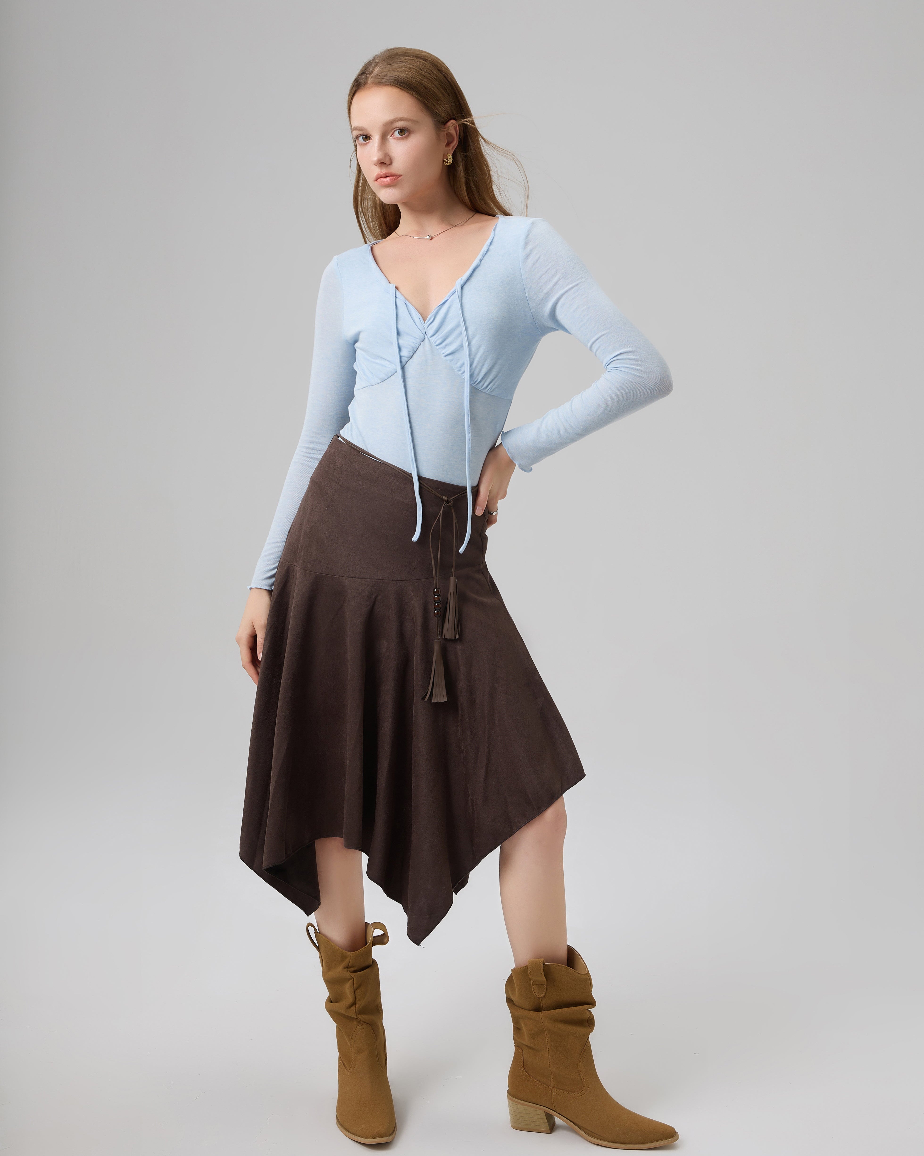 Asymmetrical Suede-Effect Skirt with Decorative Tie | Lethe